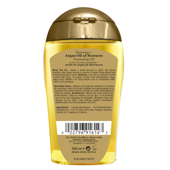 Ogx Reing + Argan Oil Of Morocco Cold-Pressed Argan Oil For Hair Penetrating Treatment & Shine Moisturizing & Strengthening Silky Oil For All Hair Types Paraben & Sulfate  3.3 Fl Oz