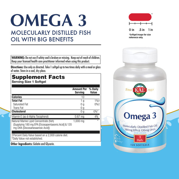 KAL Omega 3 | Omega-3 Fish Oil for Healthy Heart, Joint & Brain Support | 180mg EPA, 120mg DHA (120 CT, 120 Serv)