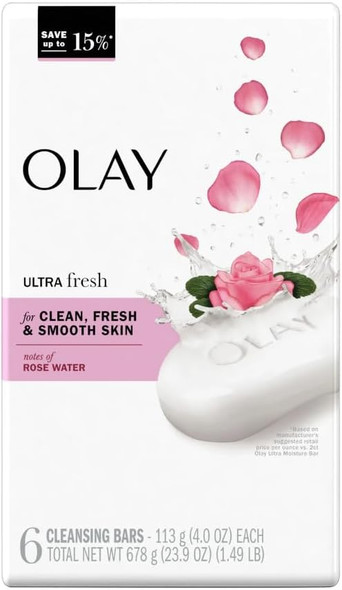 Olay Ultra Fresh Bath Bar For Clean Fresh & Smooth Skin With Notes Of Rosewater 23.9 Oz (678G) - 6 Count Pack Of 1