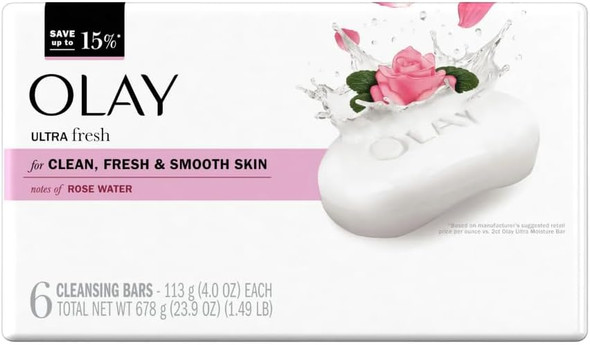 Olay Ultra Fresh Bath Bar For Clean Fresh & Smooth Skin With Notes Of Rosewater 23.9 Oz (678G) - 6 Count Pack Of 1