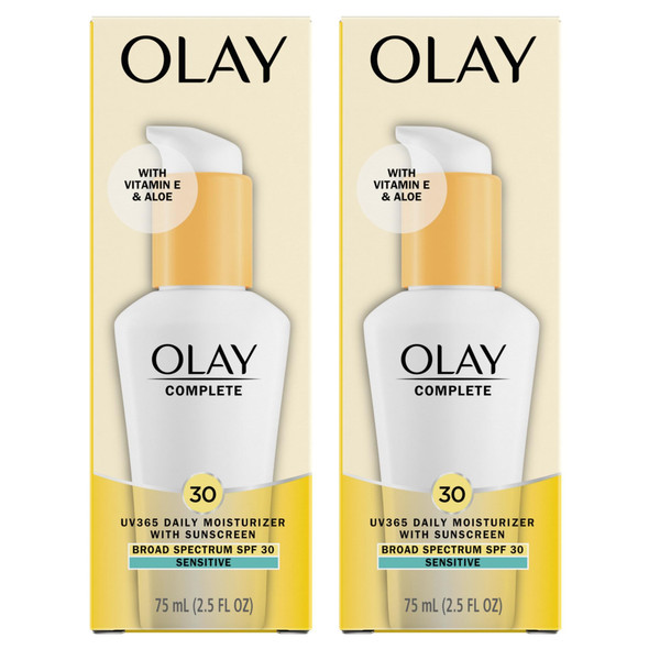 Olay Face Moisturizer Complete With Sunscreen Spf 30 Fragrance- For Sensistive Skin Broad Spectrum Sun Protection Long-Lasting Hydration Non-Comedogenic - Vitamin E & Aloe - 2.5 Oz - 2 Pack