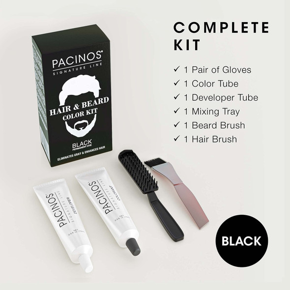 Pacinos Hair & Beard Color Kit (Black) - Hair Color For Men Eliminates Grays In 5 Minutes Easy To Apply Brush-In Formula Enhances Appearance Of Hair For Moustache & Beard