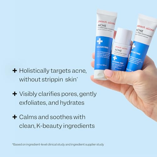 Peach Slices - 3-Step Acne Starter Kit (3 Products) - Skin Care Set - 1 Toner 1 Cleanser 1 Oil  Moisturizer - 2% Salicylic Acid & Botanicals - Vegan & Cruelty  - Korean Skin Care & Beauty