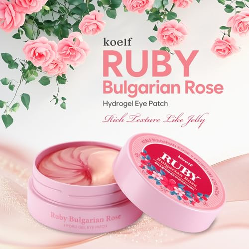 Petitfee Koelf Ruby & Bulgarian Rose Hydrogel Eye Patch 60Ea (30Pairs) - Soothing Hydrating Eye Mask With Rose Water Green Tea And Yuja For Brighter Under Eye For Puffy Eyes Eye Bags