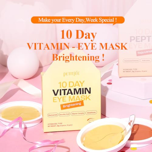 Petitfee 10 Day Eye Mask Vitamin 20Pcs (10Pairs) - Brightening Eye Patch Even Skin Tone With Ascorbic Acid Vitamin Complex Glutathione Niacinamide Travel Friendly Lightweight
