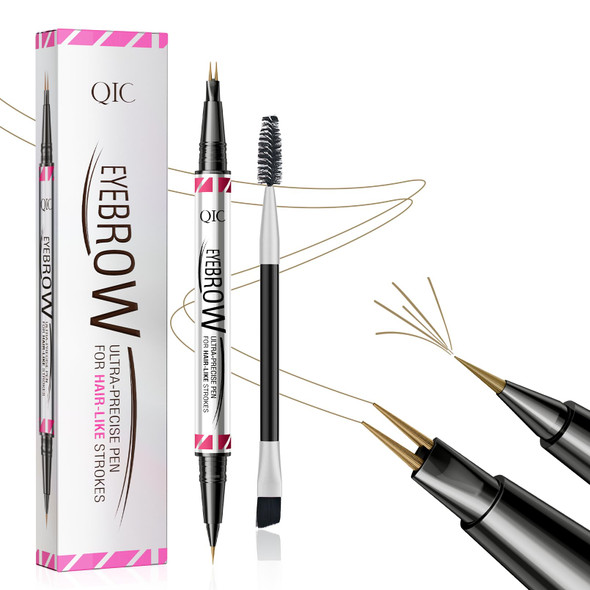 Qic Microblading Eyebrow Pen2-In-1 Dual-Ended Eye Brow Pencil With 2-Fork-Tip And Precise Brush-Tip Waterproof Long Lasting Eyebrow Pen For Natural Hair-Like Brows(Brown)
