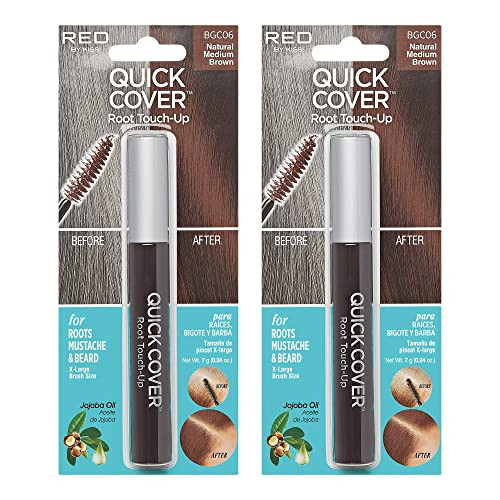 Red By Kiss Quick Cover Root Touch Up Rescue (Natural Medium Brown 2 Pack) Mascara Natural Water-Resistant Temporary Gray Concealer Cover Up Brush For Hair Mustache & Beard Formulated With Jojoba Oil