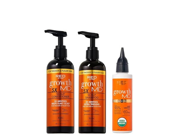 Red By Kiss Growth Md Scalp Shampoo Conditioner & Oil Bundle 5X Menthol Extra Tingling Biotin & Vitamins For Thicker Hair Strengthening & Itch Relief Vegan & Cruelty-