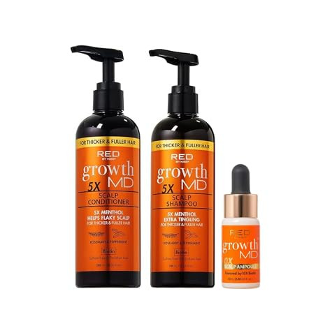 Red By Kiss Growth Md Hair Care Set 5X Menthol Tingling Scalp Shampoo & Conditioner 10X Biotin Growth Ampoule Vitamins & Vegan Formula For Thicker Fuller Hair