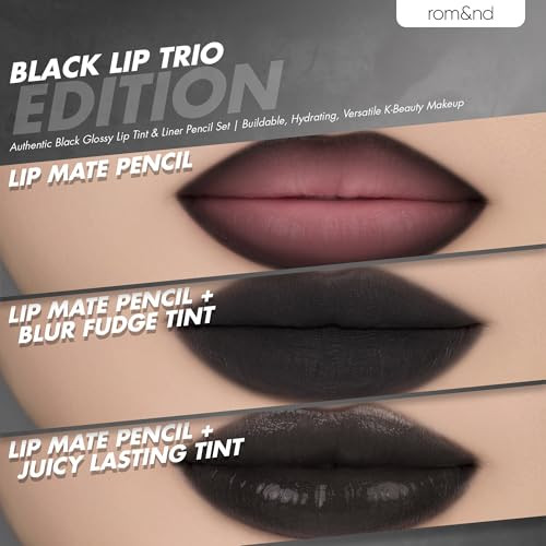 Rom&Nd Black Lip Trio Edition Ãƒ¢Ã¢Š¬Ã¢‚¬Å“ Authentic Black Glossy Lip Tint & Liner Pencil Set  Buildable Hydrating Versatile K-Beauty Makeup