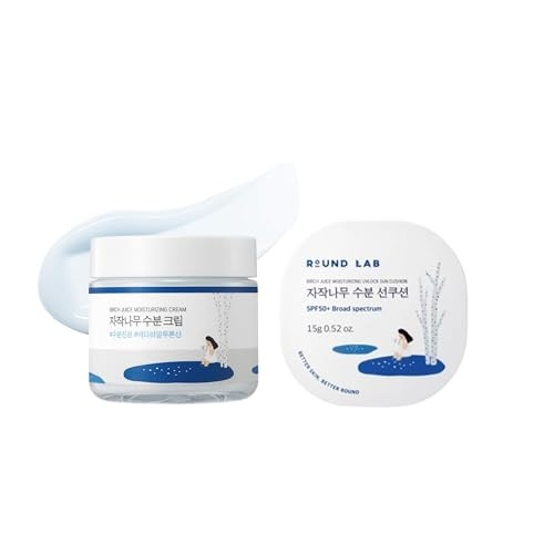 Round Lab Birch Juice Moisturizing Cream 2.7 Fl Oz + Birch Juice Moisturizing Uv Lock Sun Cushion Gentle On Acne-Prone And Sensitive Skin No White Cast Korean Sunscreen Korean Skin Care