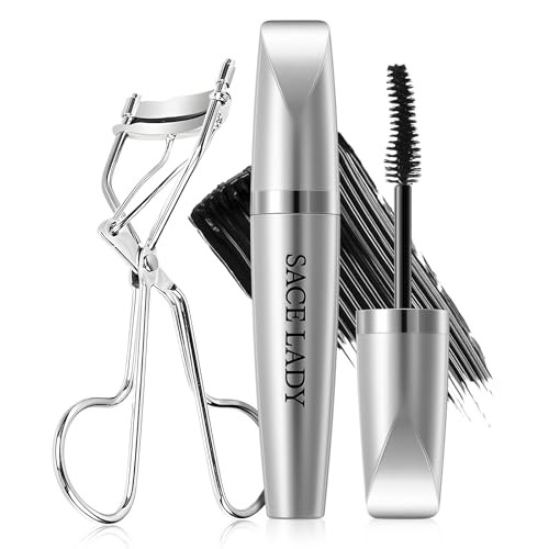 Sace Lady Waterproof Mascara With Lash Curler Volume And Length Black No Clump Lift Lash Mascara Lasting Smudge-Proof Natural Looking Curl Eye Makeup Set Cruelty  0.28Oz