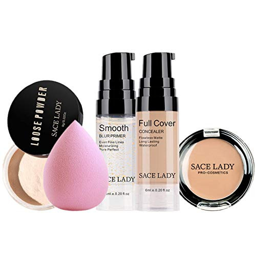 Sace Lady Oil- Face Powder & Full Coverage Foundation Concealer & Moisturizing Primer & Soft Sponge Waterproof Make Up Set Long Lasting Poreless Makeup 5Pcs