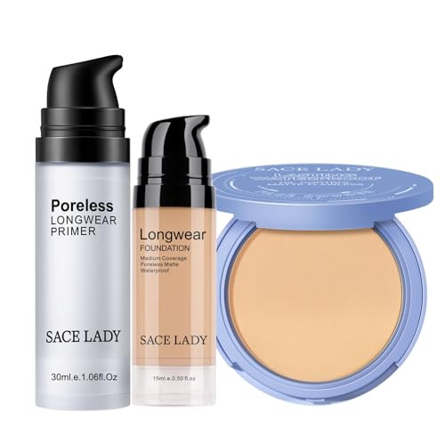 Sace Lady Smooth Primer And Flawless Foundation And Oil Control Face Powder Long Lasting Coverage Waterproof Natural Cosmetics Kit