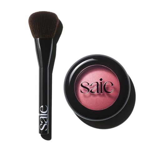 Saie Blush & Brush Duo - Supersuede Baked Blush In Grazie (.01 Oz) & Powder Blush Brush - Talc- Moisturizing Blush With Vegan Fluffy Brush For Seamless Application