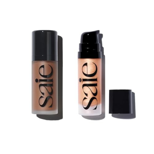 Saie Radiant Glow Duo - Dew Bronze Soft-Focus Liquid Bronzer In Spritz (0.4 Oz) & Mini Glowy Super Gel Lightweight Illuminator In Sunglow (0.5 Oz) Hydrating Makeup Essentials For A Sun-Kissed Glow