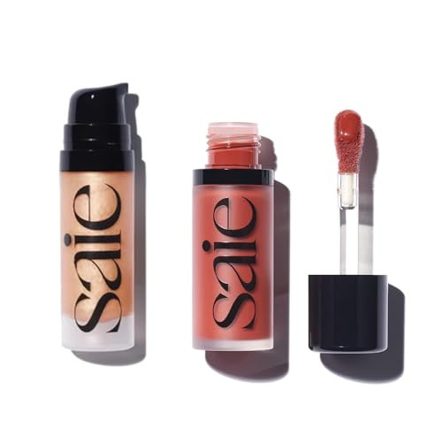 Saie Mini Glowy Super Gel Lightweight Llluminator & Makeup Primer - Sunglow (0.5 Oz) + Dew Blush - Lightweight Liquid Blush With A Blendable + Buildable Cream Finish - Spicy (.40 Oz)