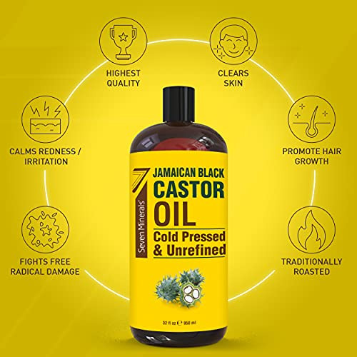 Seven Minerals Pure Jamaican Black Castor Oil - Big 32 Fl Oz Bottle - Unrefined & Hexane  - For Hair Growth Thicker Eyelashes & Eyebrows Dry Skin Healing Hair Care