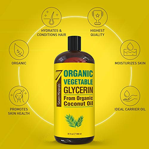 Seven Minerals Organic Vegetable Glycerin - Big 32 Fl Oz Bottle - No Palm Oil Made With Organic Coconut Oil - Therapeutical Grade Glycerine For Diys - Hair Nails & Skin Moisturizer - Non-Gmo