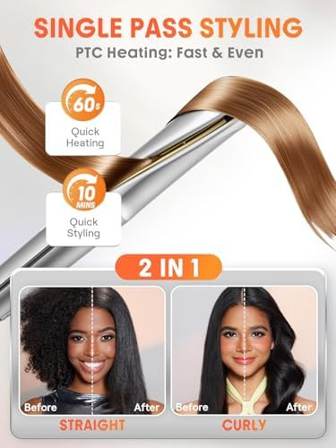 Sheglam Sleek Chic Twist Kiss Flat Iron - 2-In-1 Hair Straightener & Curling Iron 1" Barrel 60S Fast Heat 20M Negative Ions 5 Temp Settings Travel-Friendly