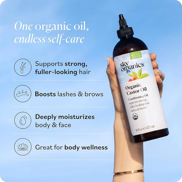 Sky Organics Castor Oil - Usda  Organic Hair Oil For Hair Growth Skin Face Eyelashes - Cold Pressed & Hexane  - Pure Organic Castor Oil Pack Wrap - Carrier & Hair Treatment Oil