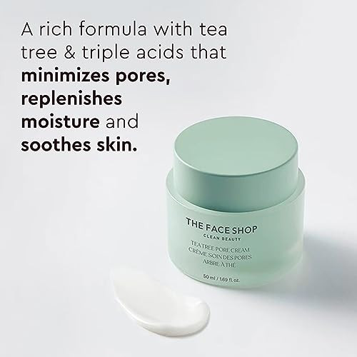 The Face Shop Tea Tree Pore Cream - Pore Minimizer Hydrating Soothing Face Moisturizer - Aha Bha Pha - Protects Skin Barrier - Hyaluronic Acid Panthenol Cica Vitamin B5 - Korean Skin Care