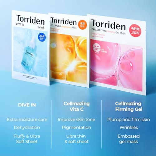 Torriden Special Mask Variety Set (15 Sheets)  Hyaluronic Acid + Vitamin C + Collagen Sheet Masks  Korean Face Mask Set  Great Holiday & Christmas  Stocking Stuffer