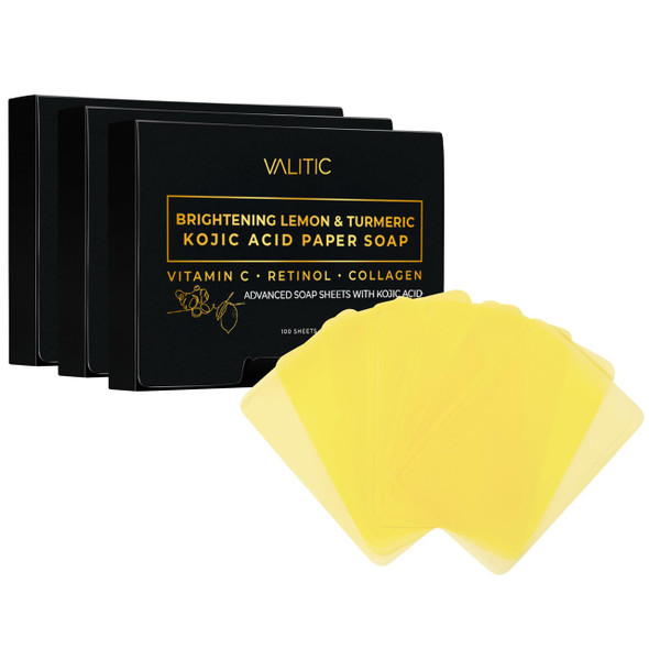 Valitic Turmeric Kojic Acid Cleansing Soap Melting Sheets - Dark Spot Corrector Paper Soap - 100 Travel Size Facial Exfoliating Sheets With Vitamin C Retinol Collagen - 2 Pack