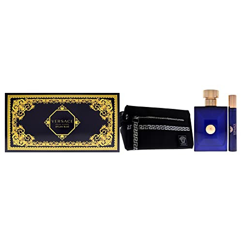 Versace Dylan Blue For Men 3 Piece  Set (Eau De Toilette Spray 3.4 Ounce + Travel Spray 0.34 Ounce + Versace Blue Trousse)