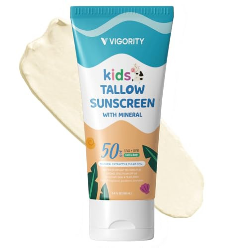 Vigority Beef Tallow Sunscreen For Kids With Zinc Oxide: Natural Non-Toxic Spf 50 Tallow Sunblock Cream - With Food-Grade Botanical Extracts - Kids & Sensitive Skin Safe Water-Resistant - 3.4 Fl Oz