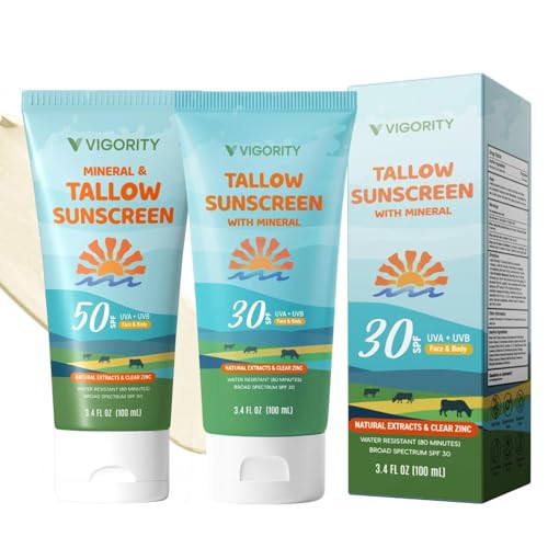 Vigority Beef Tallow Sunscreen Bundle: Natural Non-Toxic Tallow Sunblock Cream For Face & Body Ãƒ¢Ã¢Š¬Ã¢‚¬Å“ Includes Spf 30 & Spf 50 Water-Resistant Safe For Kids & Sensitive Skin