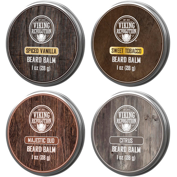 Viking Revolution 4 Beard Balm Variety Pack (1Oz Each) - Sandalwood Pine & Cedar Bay Rum Clary Sage - Styles Strengthens And Softens Beards And Mustaches - Wax For Men