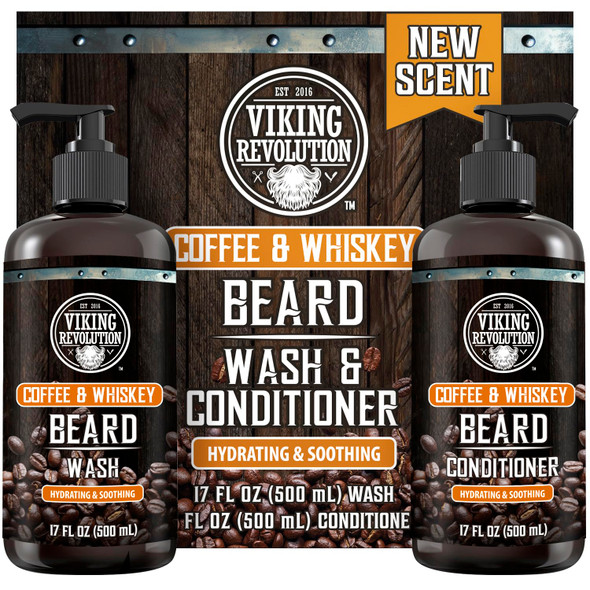 Viking Revolution Coffee Whiskey Beard Wash And Beard Conditioner Set With Argan And Jojoba Oils - Softens And Strengthens - Coffee Whiskey Scent - Beard Shampoo With Ginseng Root Extract (17 Oz)