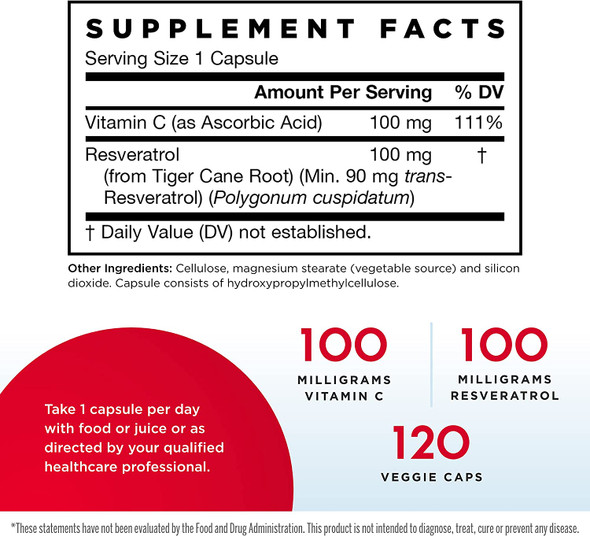 Jarrow Formulas Resveratrol 100 mg - 120 Veggie Caps - Resveratrol + Vitamin C - Antioxidant & Cardiovascular Support - 120 Servings