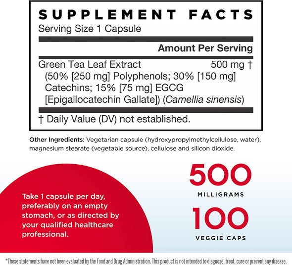 Jarrow Formulas Green Tea 500 mg, Antioxidant Support,A50% Polyphenols, Cardiovascular & Immune Health, White, 100 Count