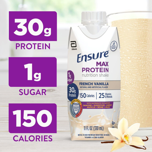Ensure Max Protein Shake | French Vanilla | Ready to Drink | 30g Protein for Muscle Health | 1g Sugar 4g Fiber | 11 fl oz
