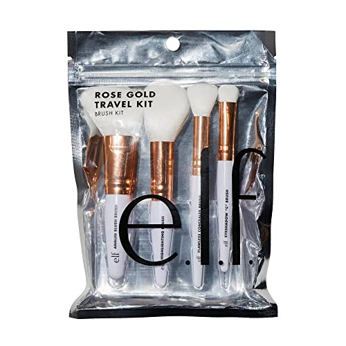 E.L.F. Rose Gold Travel Brush Kit On The Go Flawless Versatile Soft Synethic Conceals Blends Highlights Shades Contours Sculpts Defines Includes Brushes For Concealer 1 Oz 4 Count
