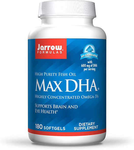 Jarrow Formulas MaxDHA - 180 Softgels - High Purity Fish Oil - Supports Brain & Eye Health - Concentrated in Omega-3 Fatty Acids & Enriched in DHA - 90 Servings