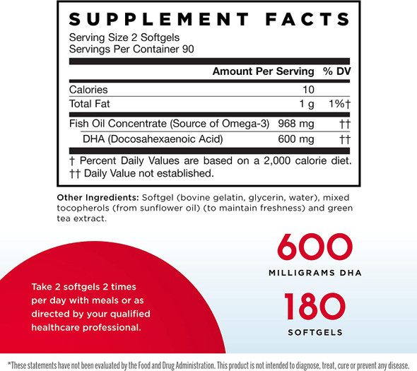 Jarrow Formulas MaxDHA - 180 Softgels - High Purity Fish Oil - Supports Brain & Eye Health - Concentrated in Omega-3 Fatty Acids & Enriched in DHA - 90 Servings