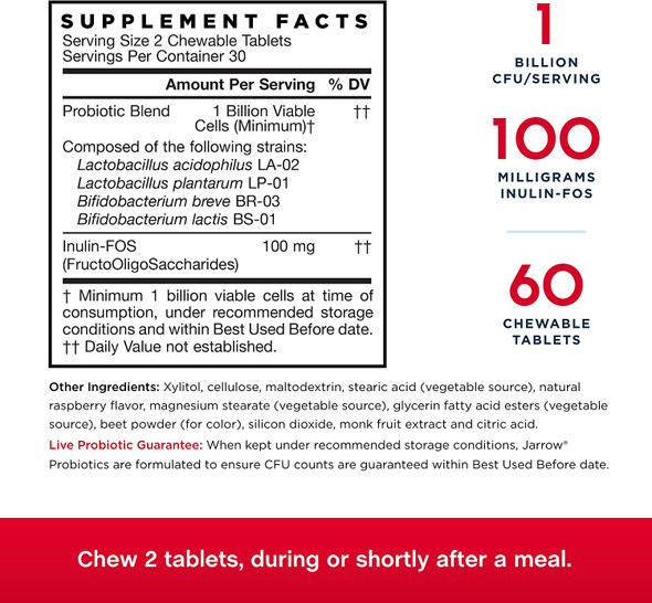 Jarrow Formulas Jarro-Dophilus Kids, Natural Raspberry - 60 Chewable Tablets - Supports Intestinal & Immune Health - 1 Billion CFU - Sugar Free - Up to 30 Servings