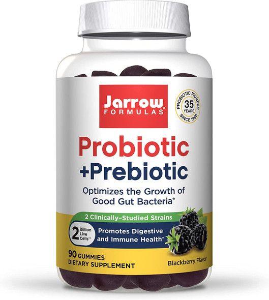 Jarrow Formulas Probiotic+ Prebiotic, 2 Billion CFU+ Prebiotic, 2 Clinically-Studied Strains, 90 Gummies, Optimize Gut Microflora Balance, Gut & Immune Health, Shelf Stable, BlackBerry Flavor