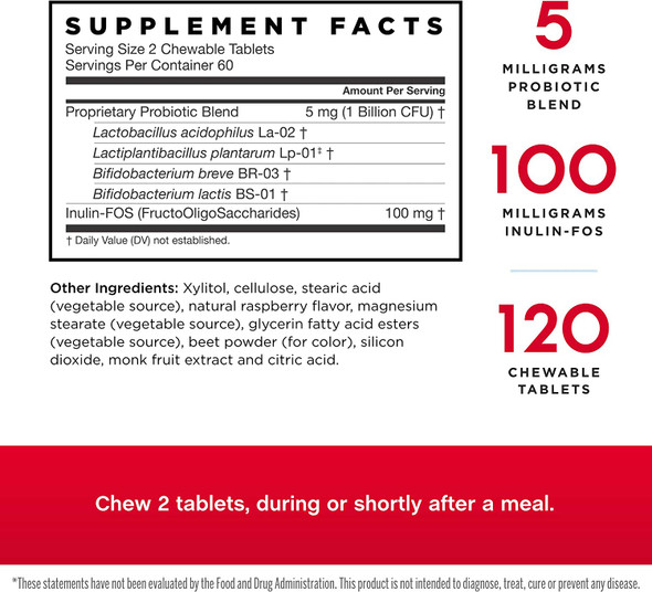 Jarrow Formulas Yum-Yum Dophilus, Natural Raspberry - 1 Billion Organisms Per Serving - 120 Chewable Tablets - Intestinal & Immune Health - For Kids & Adults - Up to 60 Servings