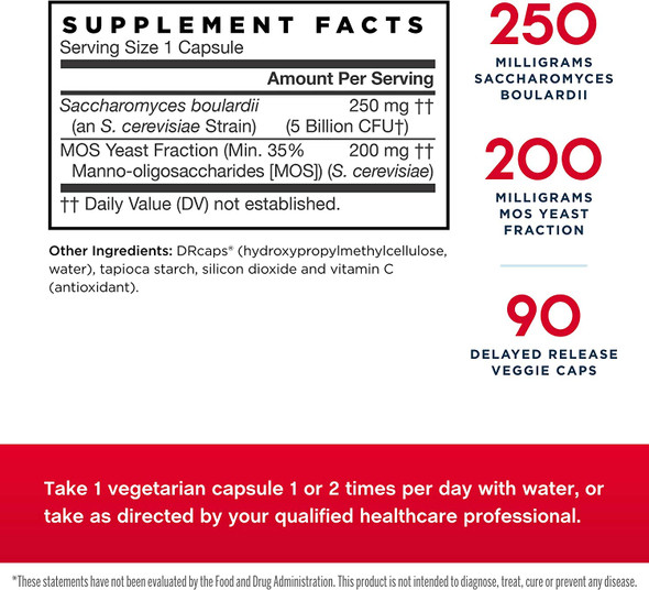 Jarrow Formulas Saccharomyces Boulardii + MOS - 5 Billion Viable Organisms Per Serving - 90 Delayed Release Veggie Caps - Probiotic + Prebiotic - Intestinal Tract Support - Up to 90 Servings