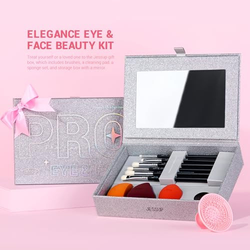 Jessup Makeup Sponge Set 3Pcs Eyeshadow Brush Set 6Pcs Makeup Brush Cleaner Mat And Makeup Box With Mirror T504 Bundled With Makeup Brushes Set Professional T512