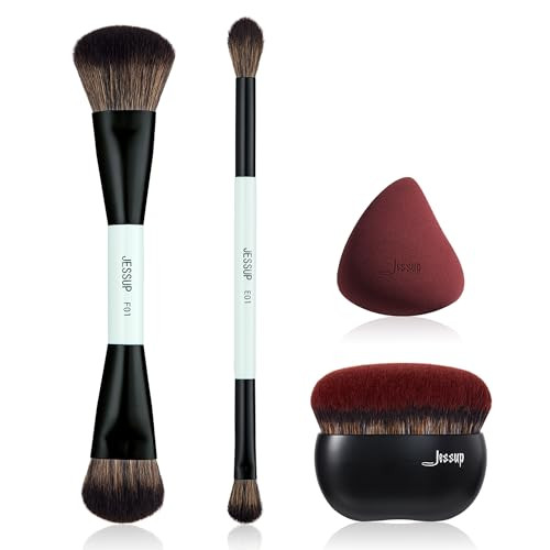 Jessup Double Sided Makeup Brushes Set T502 Bundled With Foundation Brush And Makeup Sponge Set T881