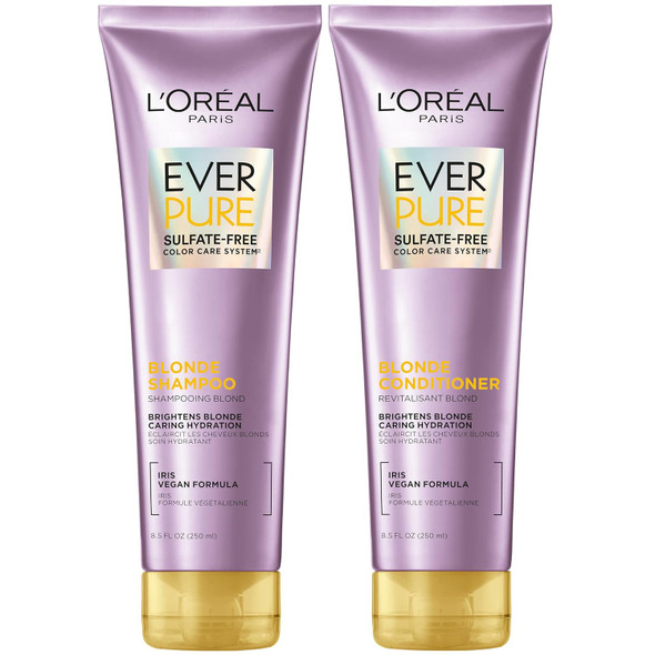 L'Oreal Paris Blonde Sulfate Shampoo And Conditioner For Color-Treated Hair Neutralizes Brass + Balances Everpure 8.5 Fl Oz Set Of 2