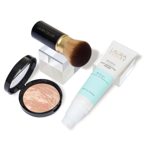 Laura Geller York Laura'S Must-Haves Kit 3Pc: Baked Balance-N-Brighten Powder Foundation Light + Spackle Skin Perfecting Makeup Primer Hydrate + Airbrush Round Kabuki Brush