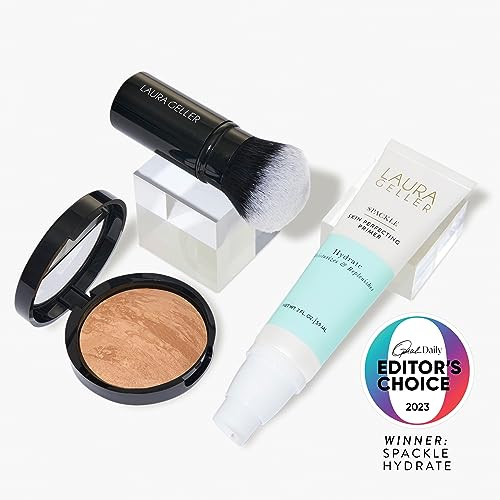 Laura Geller York Face The Day Kit (3 Pc) - Balance-N-Brighten Foundation Golden Medium + Spackle Skin Perfecting Primer Hydrate + Airbrush Round Kabuki Brush