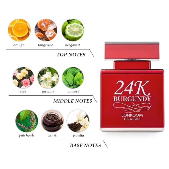 Lonkoom 24K Perfumes Set Sweet Flower Fruity Perfumes For Women Eau De Parfum Spray Long-Lasting Fragrance Notes Of Bergamot Vanilla Rose Musk Jasmine Mimosa (Burgundy & Nude Rose)