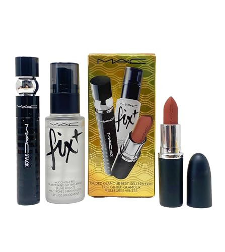 M.A.C Cosmetics Gilded Glamour Trio: Macstack Mascara Matte Lipstick (Warm Teddy) And Fix Setting Spray